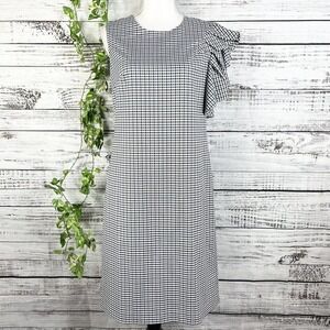 Banana Republic Dress 6 Blue Khaki Black Plaid Sheath Ruffle Sleeve Wedding Slim